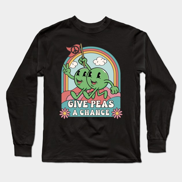 Give Peas A Chance Funny Retro Cartoon Style Pun Long Sleeve T-Shirt by FloraLi